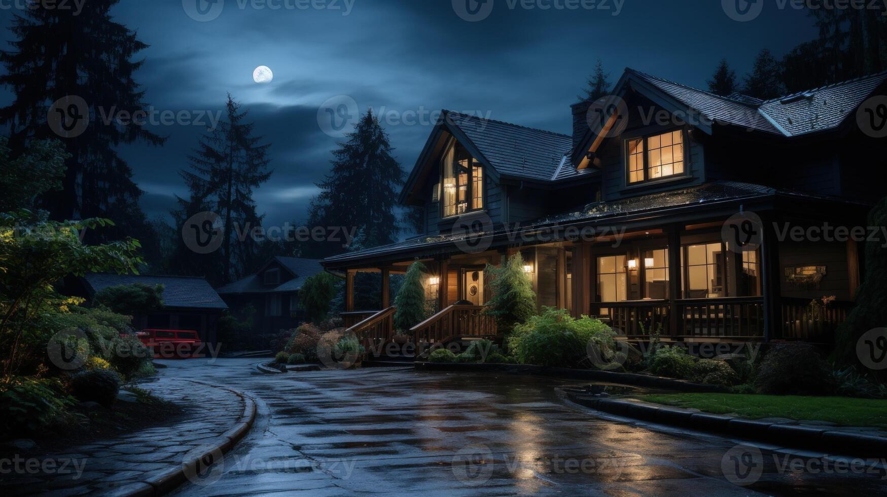 A large, modern home with a wrap-around porch and a driveway illuminated by the moon at night. photo