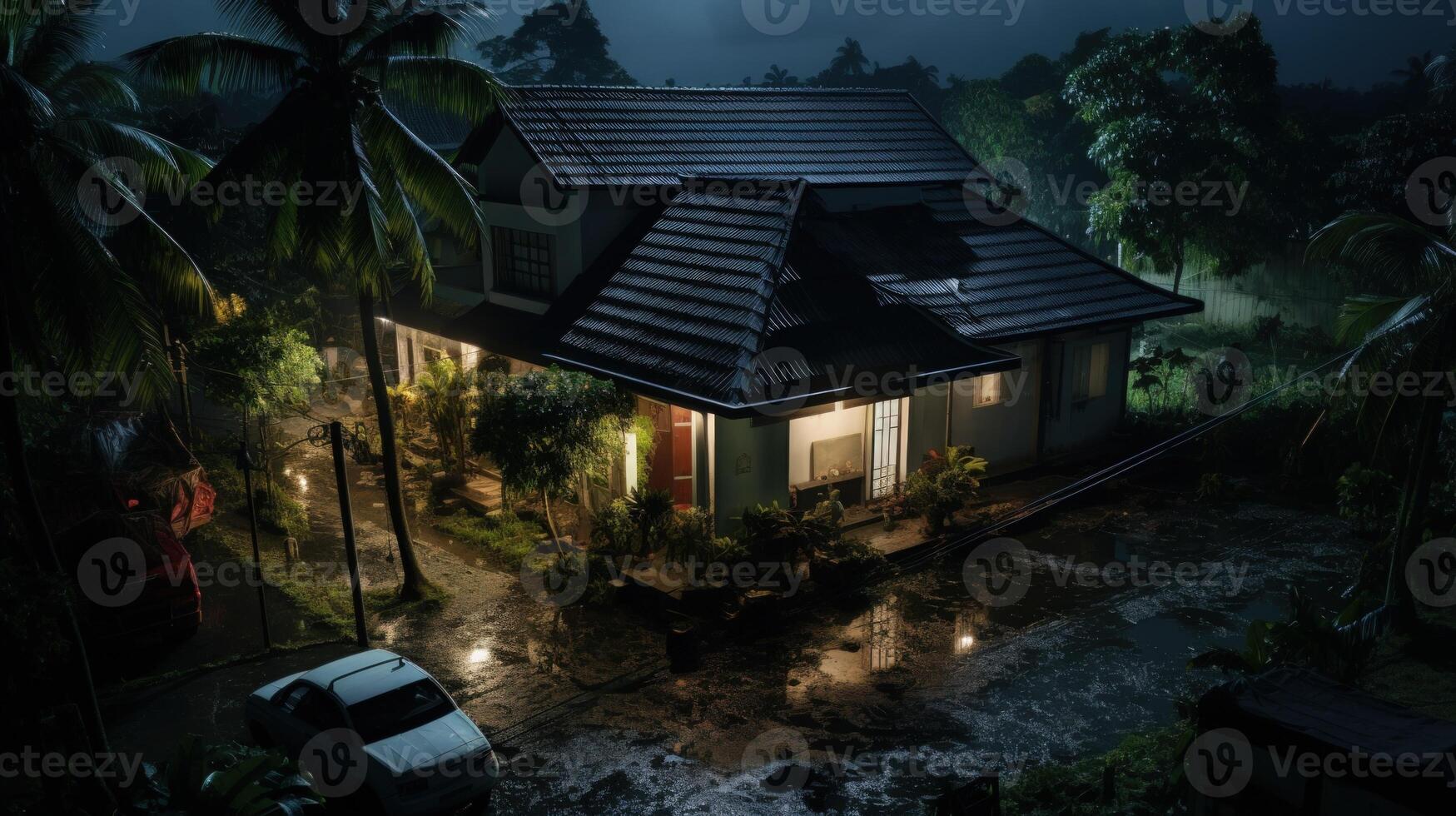 A house with a tiled roof sits amidst lush greenery and a flooded driveway on a stormy night. photo