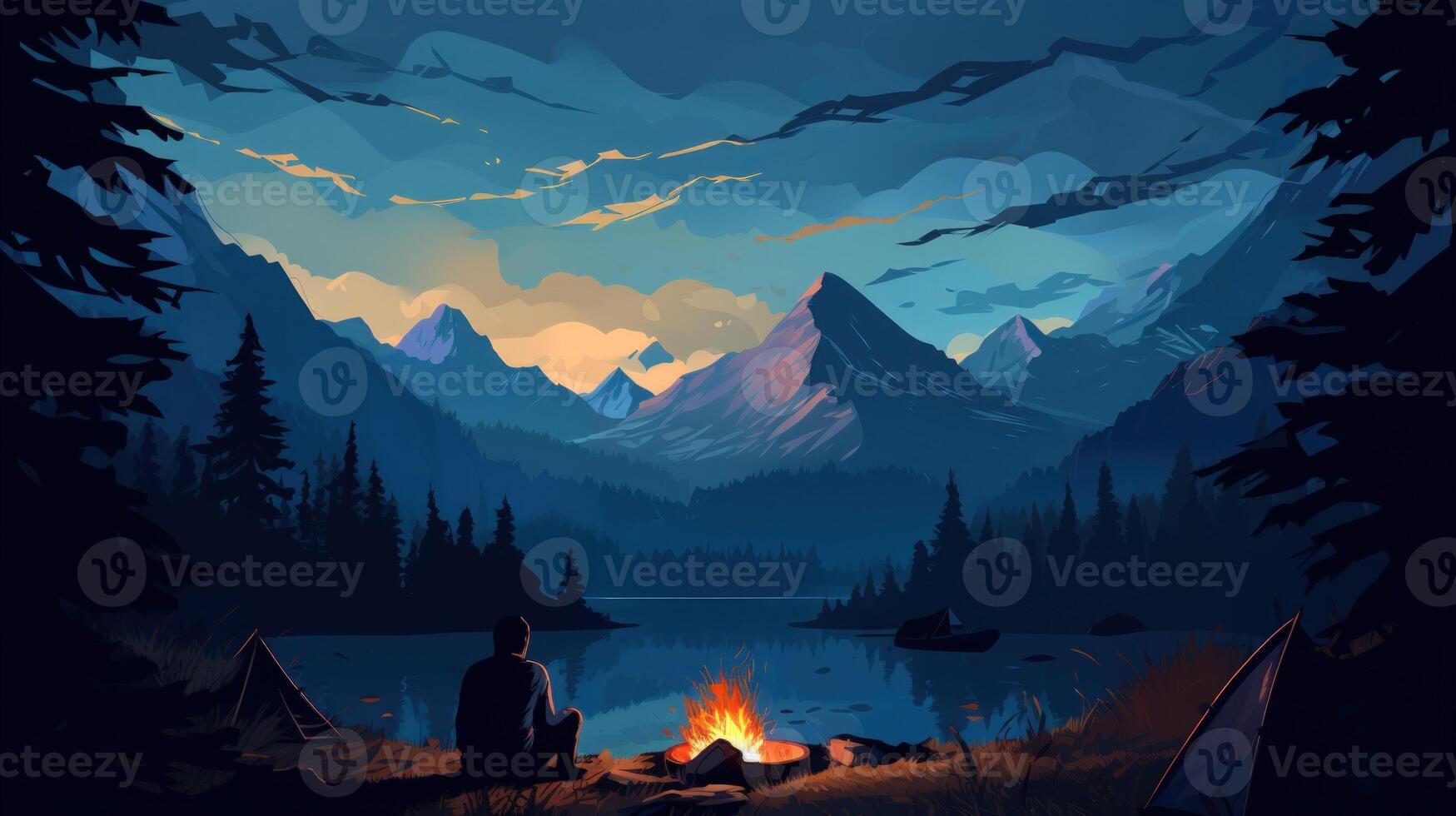 A lone camper sits by a campfire, gazing at a beautiful mountain range and lake. photo