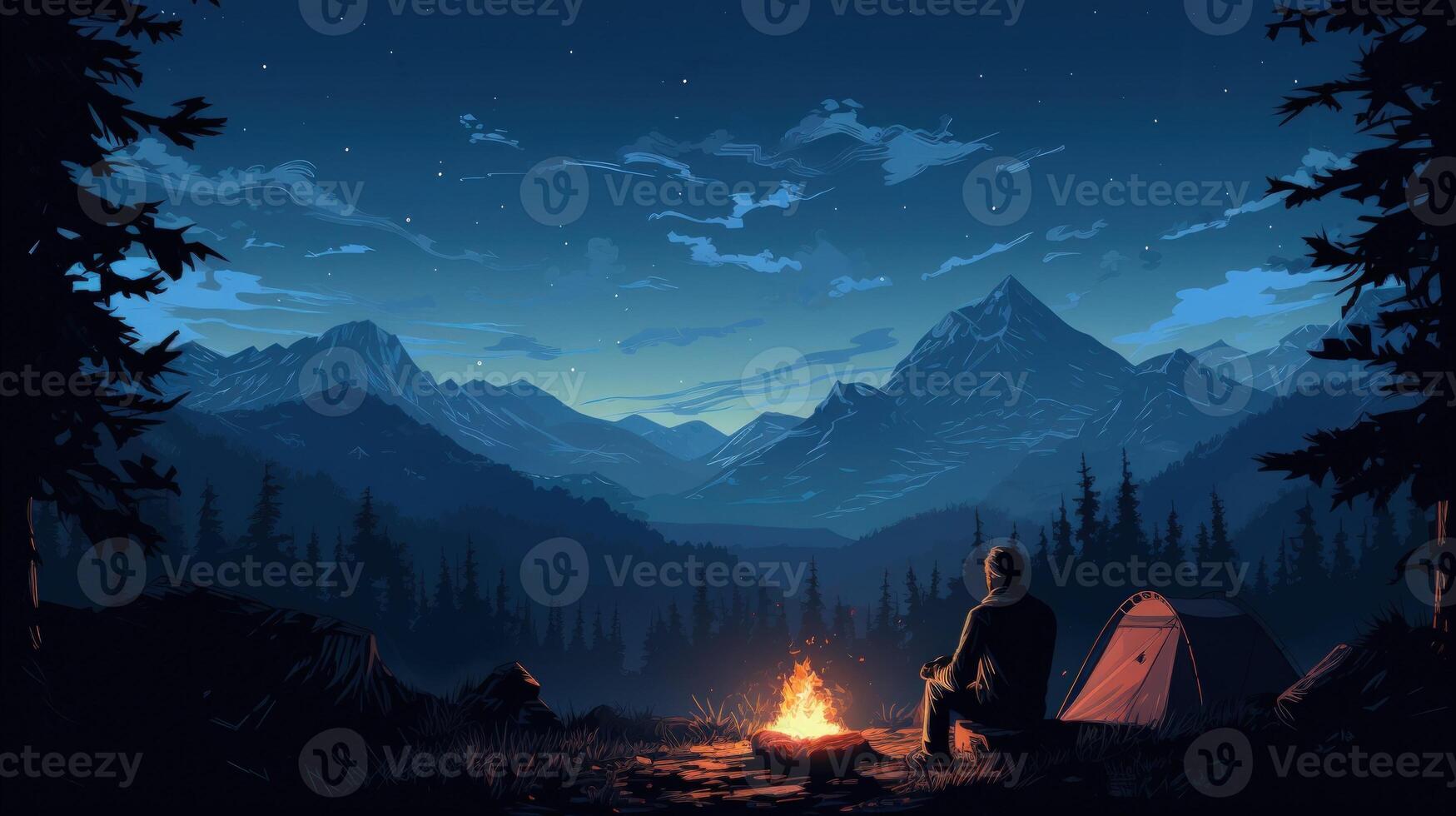 A lone camper sits by a campfire with a tent behind him, under a starry sky, and mountain range in the background. photo