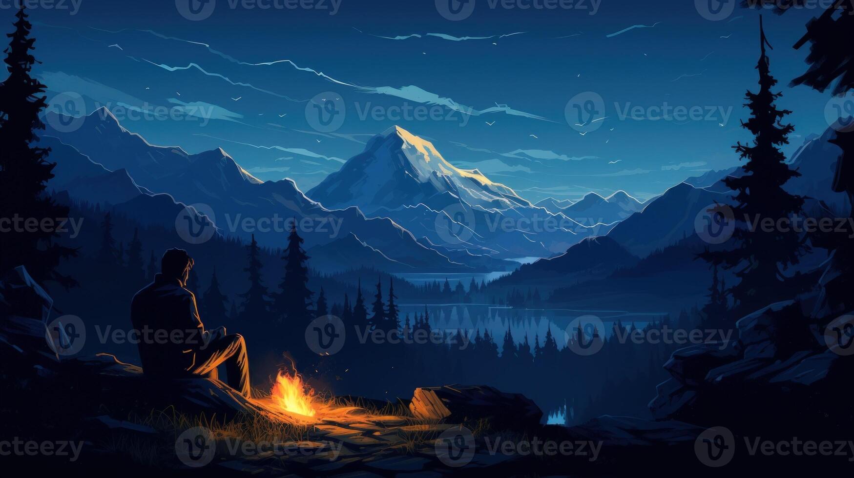 A lone figure sits by a campfire in a vast mountain range at dusk. The silhouette of a man sitting by a campfire with mountains, a lake, and a starry sky in the background. photo