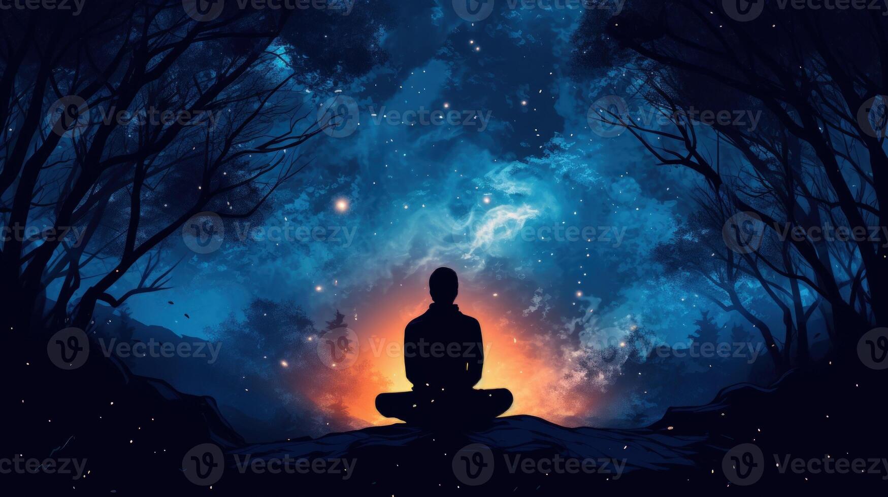 A lone figure meditates in a surreal forest, surrounded by a starry sky and glowing light. photo