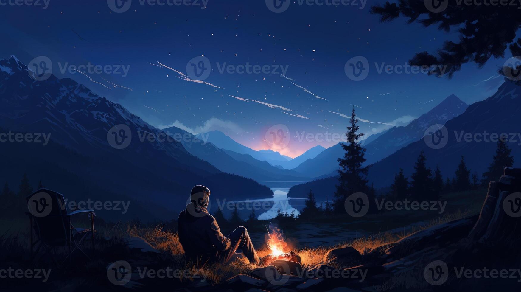 A lone figure sits by a campfire under a starry sky with a lake and mountains in the distance. photo