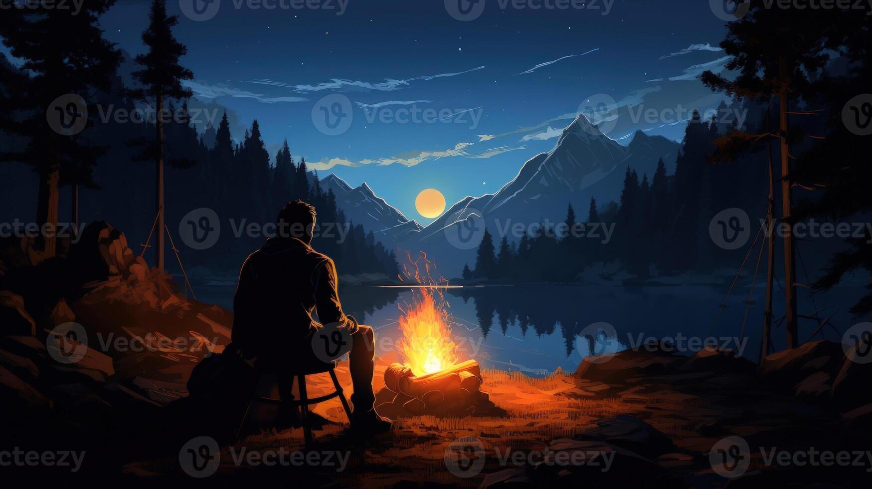 A lone figure sits by a campfire under a starry sky, mountains and a lake in the background. photo