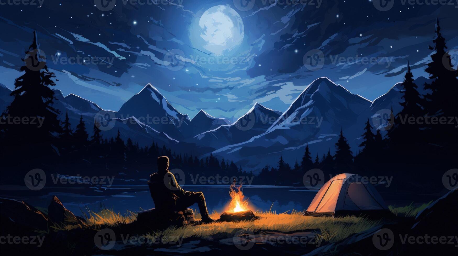A lone figure sits by a campfire under a full moon in a mountain lake setting. photo