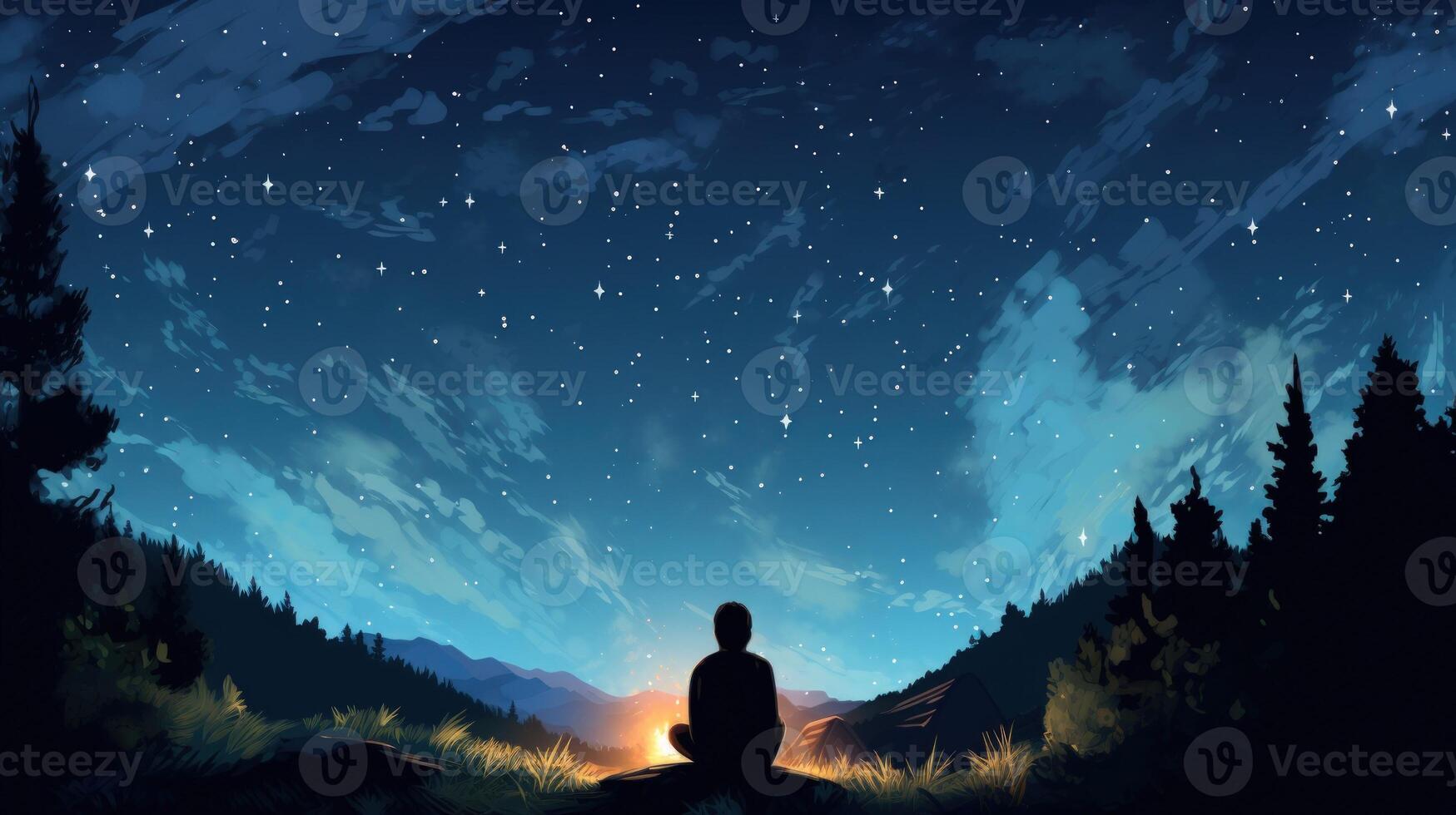 A lone figure sits by a campfire under a starry sky, surrounded by trees and mountains, enjoying the peace and tranquility of nature. photo