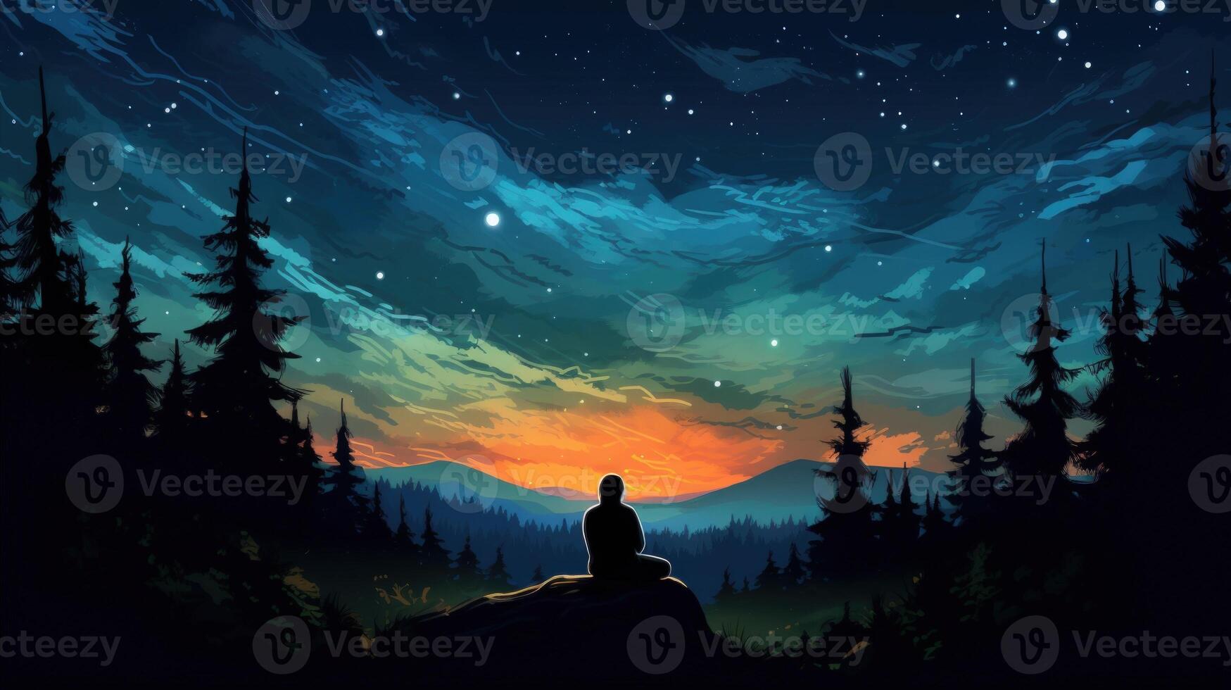A lone figure sits on a rock overlooking a forest with a starry sky above. photo