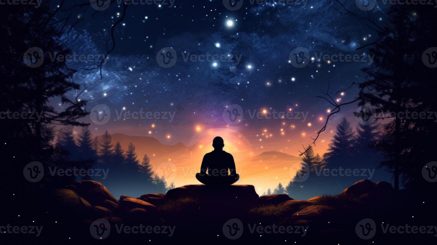 A lone figure sits on a rock, silhouetted against a night sky filled with stars and glowing orbs, as a distant mountain range fades into the horizon. photo