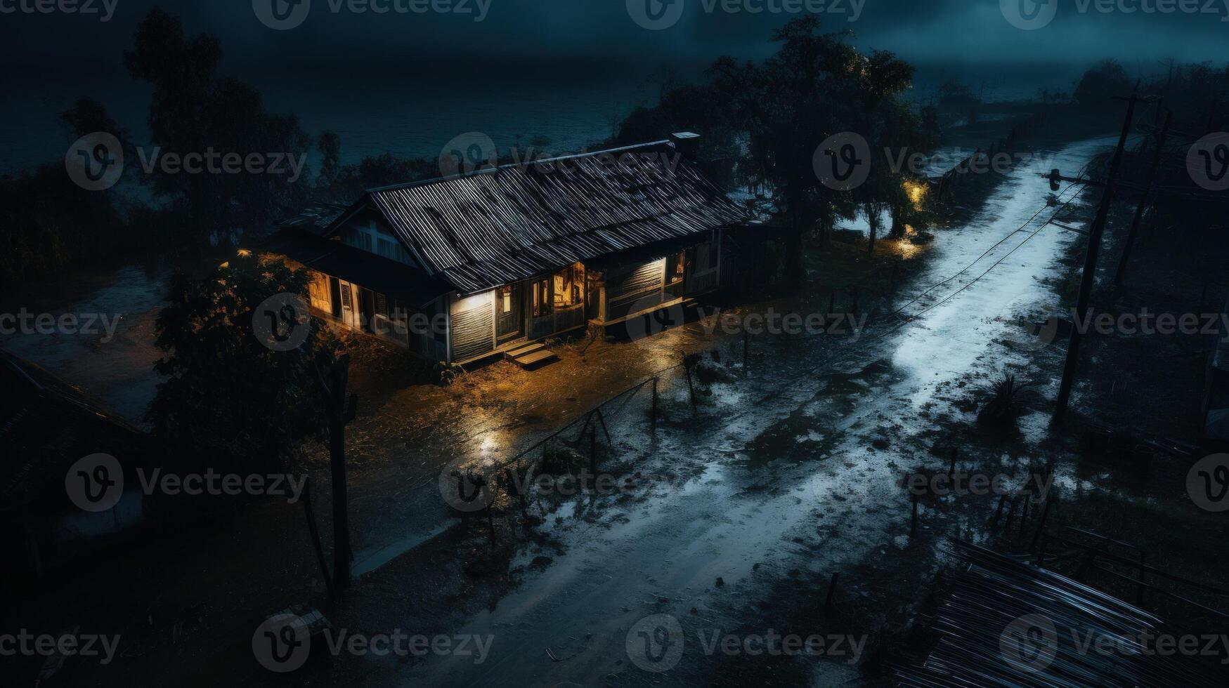 A lone house stands in a dark, wet forest with a path leading out into the unknown. photo