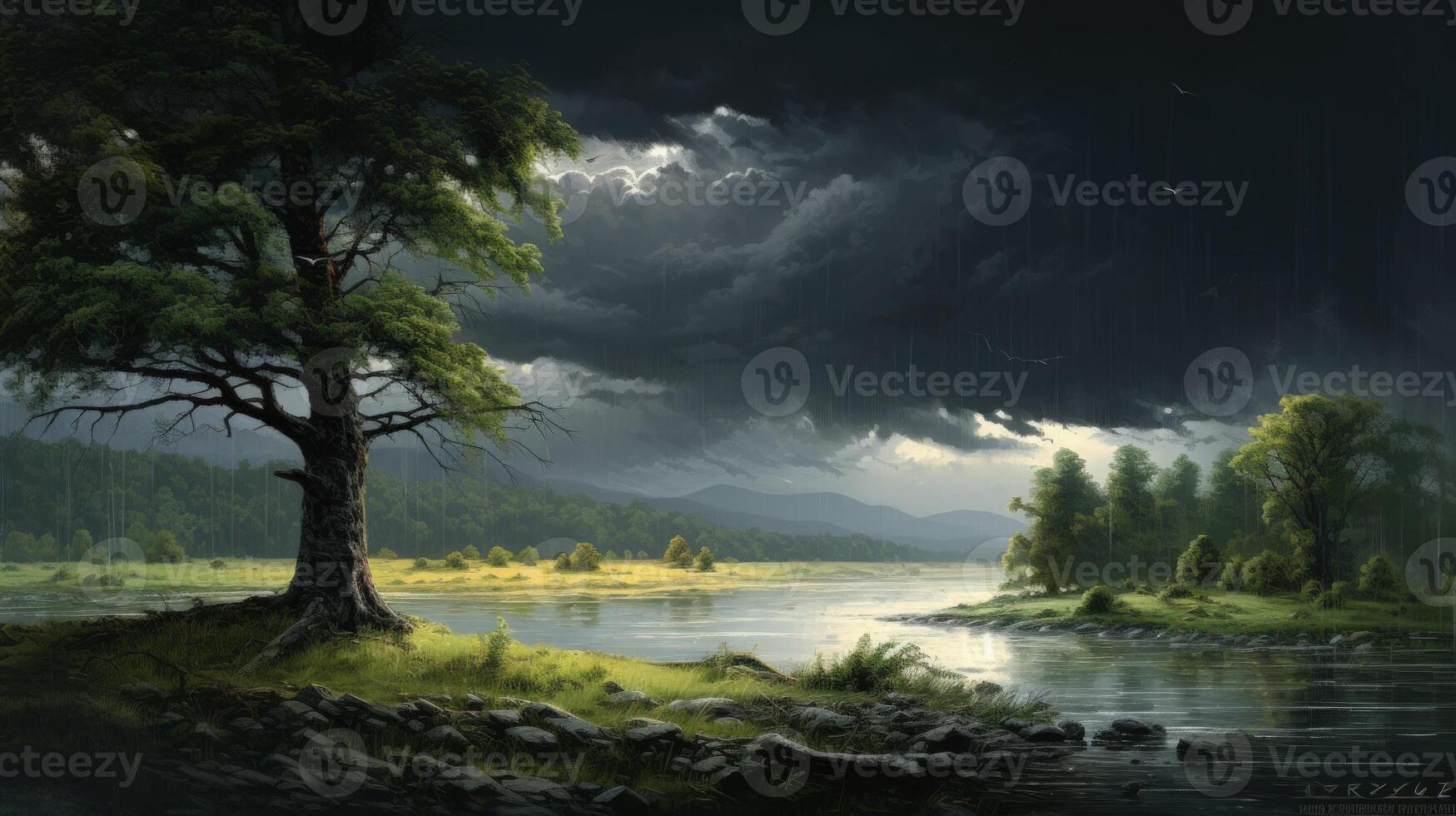 A lone tree stands tall by a river, a dark sky with clouds filled with rain hanging above the rolling hills beyond. photo