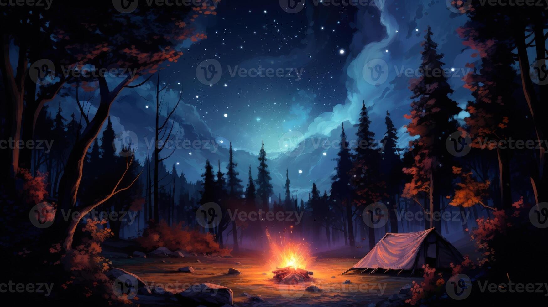A lone tent stands in a clearing in a forest under a starry night, illuminated by a warm campfire. photo