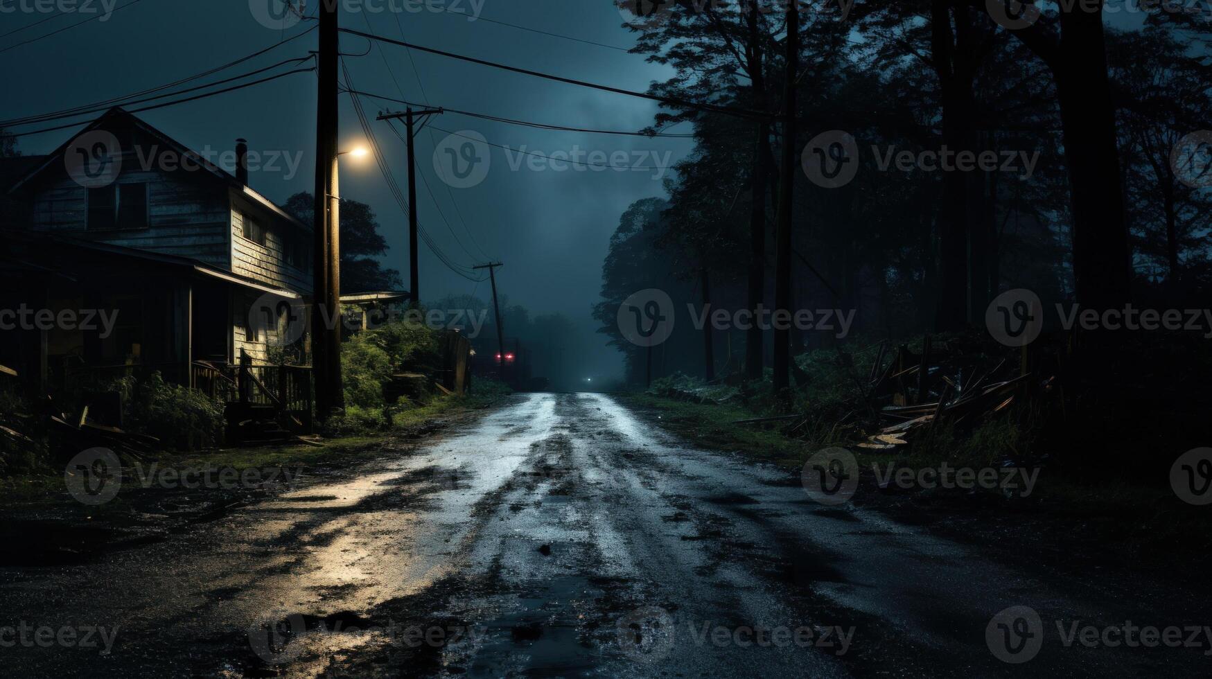 A lonely house sits at the end of a deserted road at night. The street lamp illuminates the wet pavement and a dark forest surrounds the property. photo