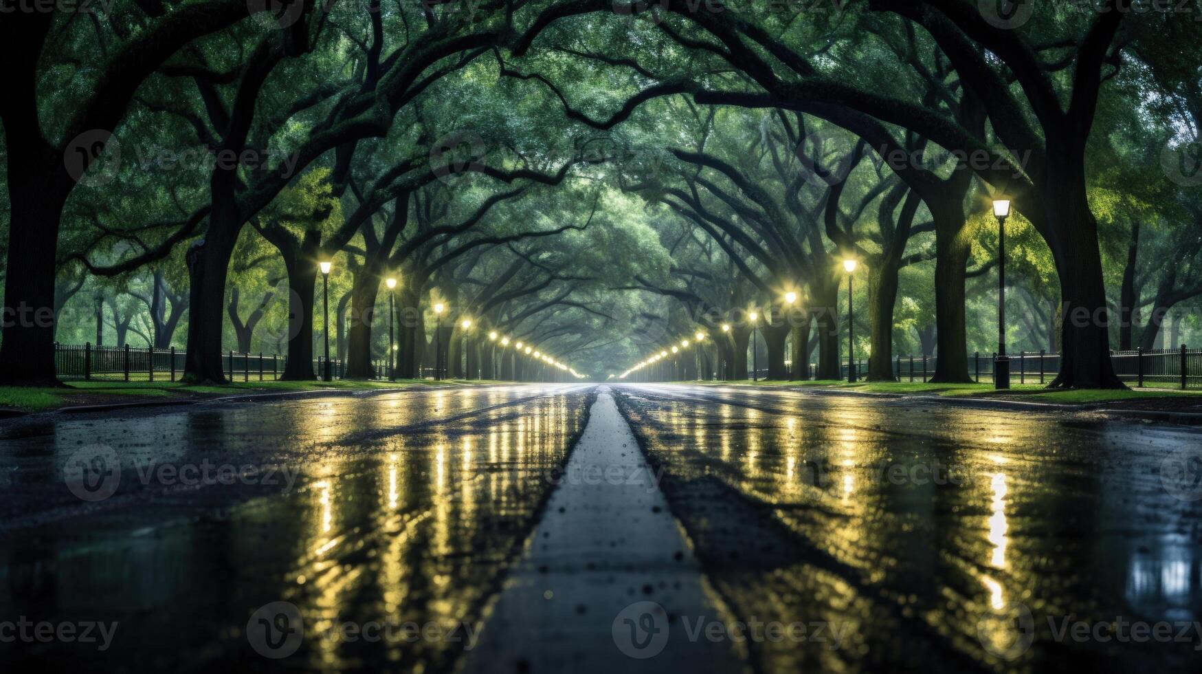 A long, wet road lined with trees after a rain shower. The streetlights cast a warm glow on the pavement. photo