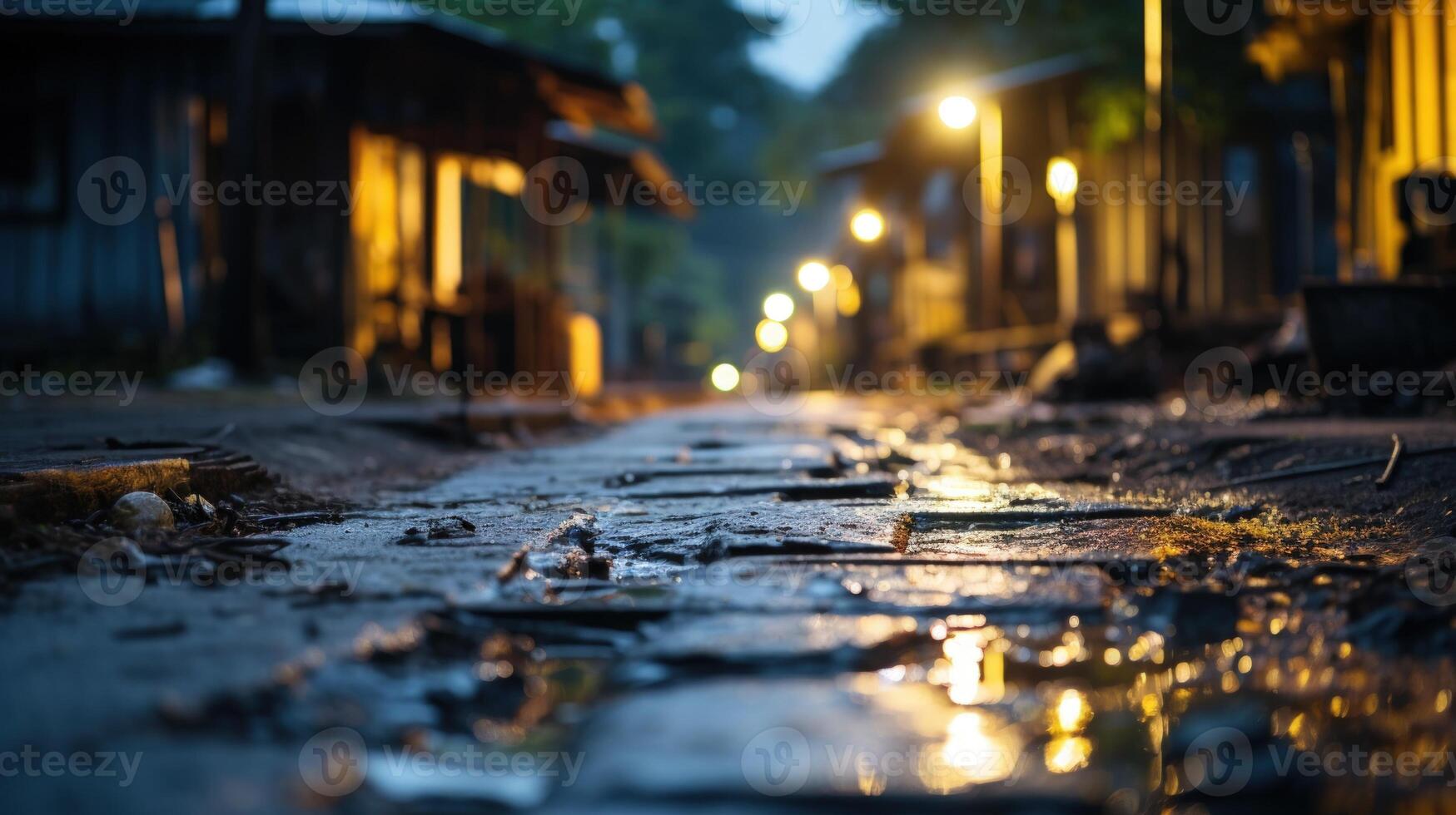 A low angle shot of a wet, brick pathway in front of a row of houses with string lights. photo