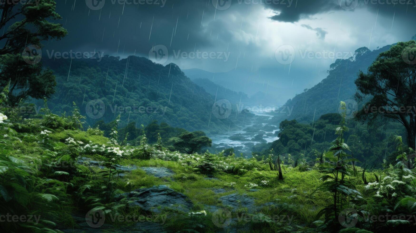 A lush green valley with a river flowing through it, under a stormy sky with heavy rain. photo