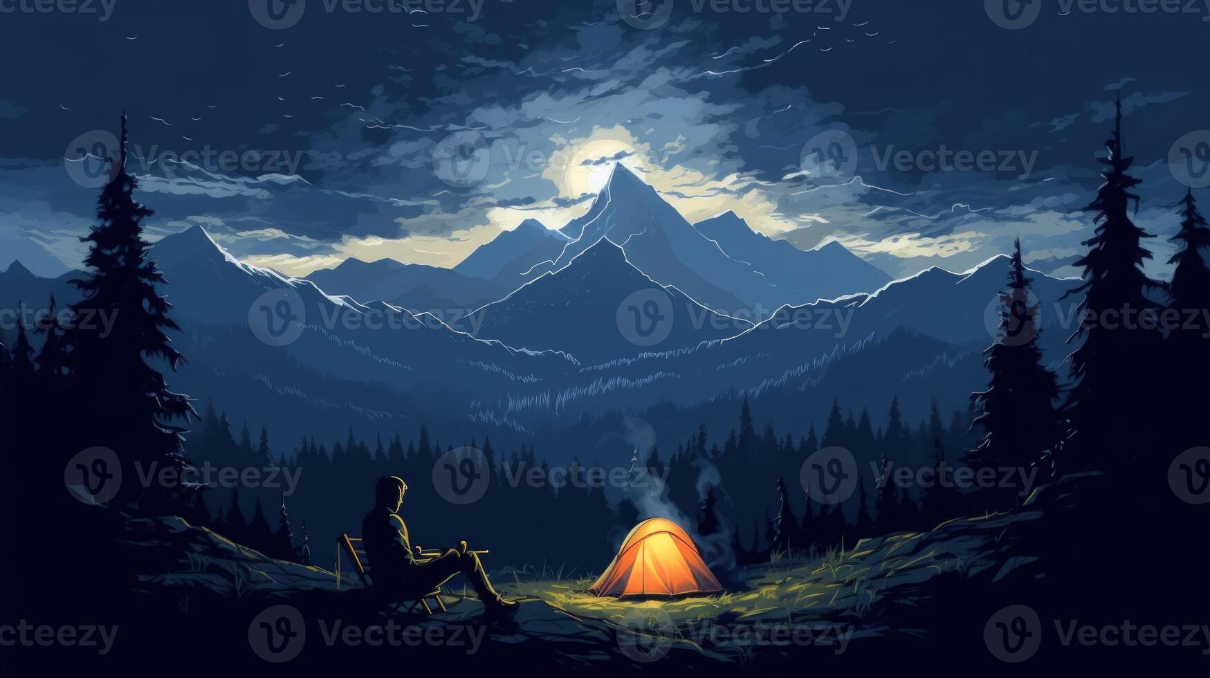 A man sits by a campfire under a starry night sky with a mountain range in the background and a tent glowing nearby. photo