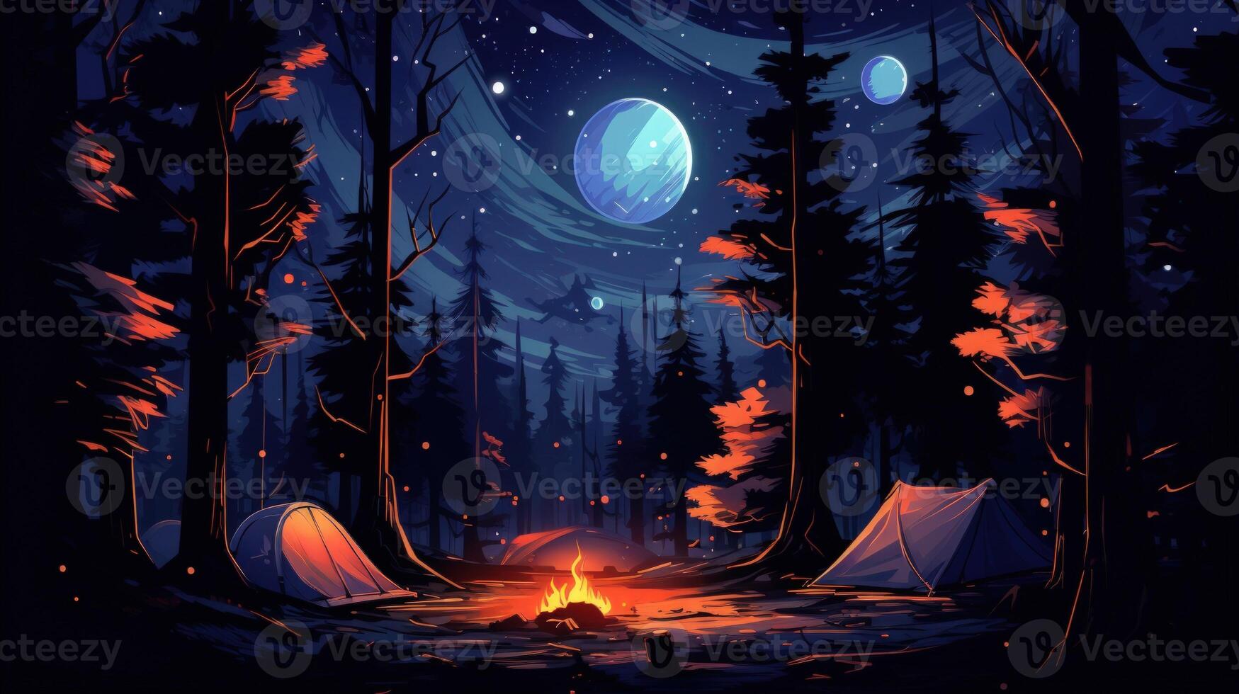 A magical forest campsite under a starry sky with two tents and a roaring fire. photo