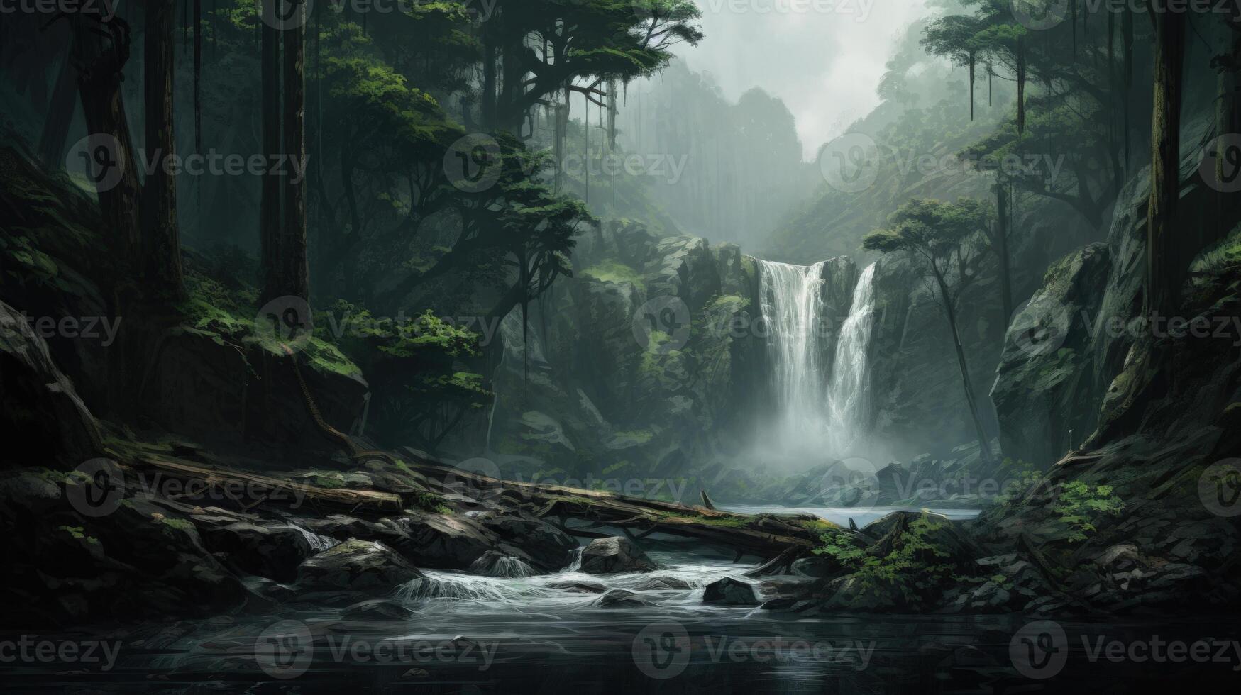 A misty forest with a waterfall cascading down a cliff face, flowing into a stream. photo