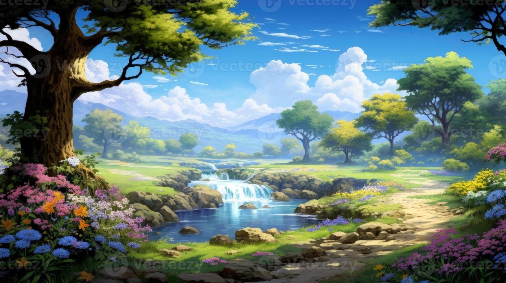 A magical forest path leads to a tranquil waterfall cascading into a clear blue pond, surrounded by lush greenery and vibrant wildflowers. photo