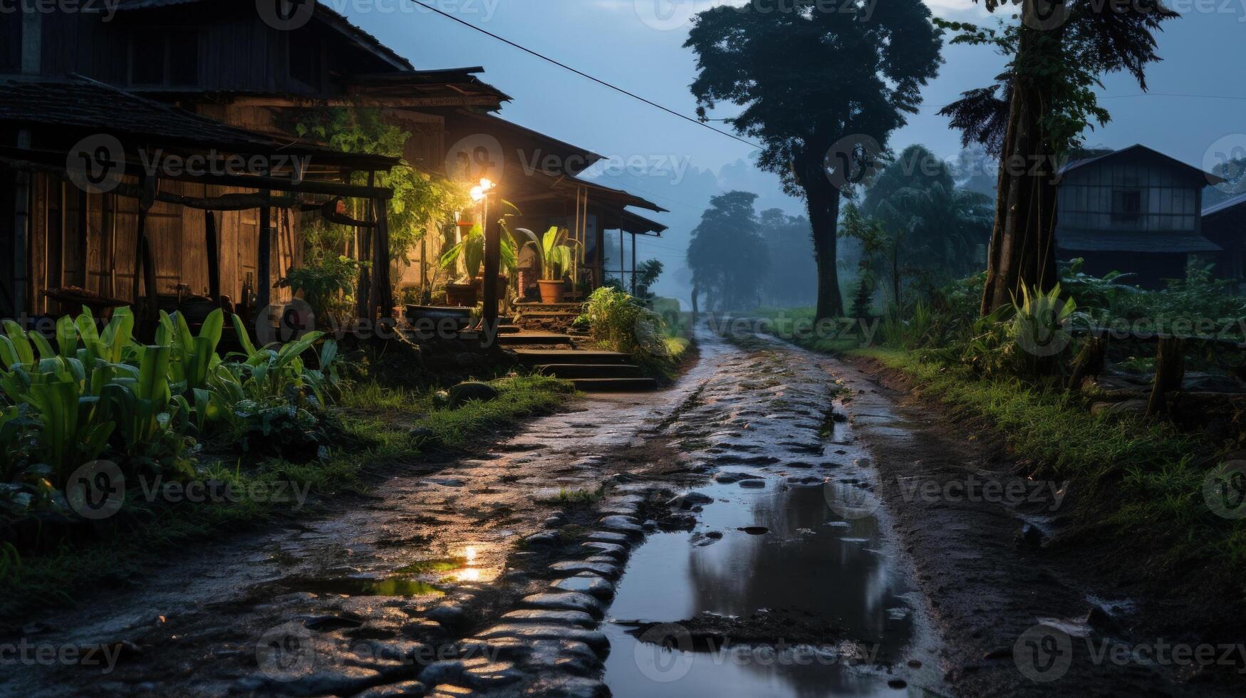 A misty morning path through a village, with wooden houses and a reflecting puddle in the foreground. photo