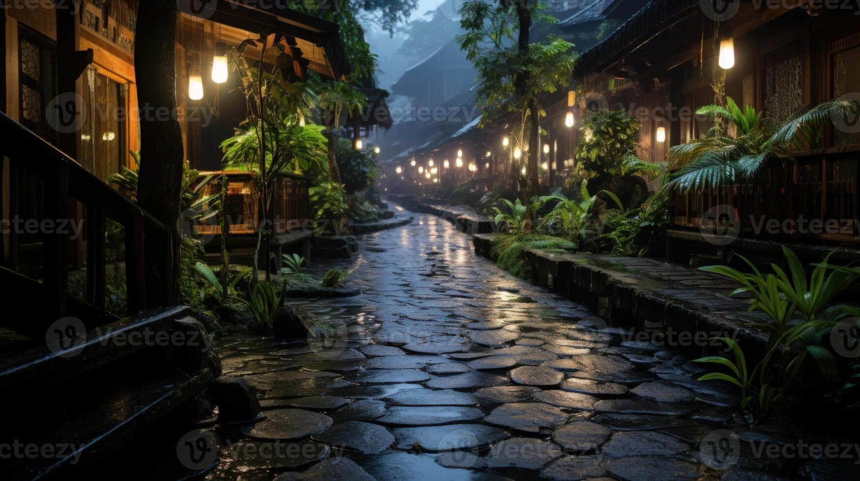 A misty, cobblestone path lined with traditional houses in a tropical environment. photo