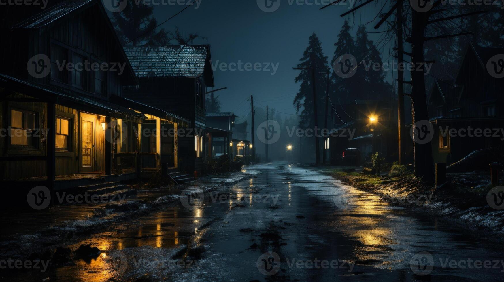A misty, dark street at night with houses and street lights reflected in puddles. photo