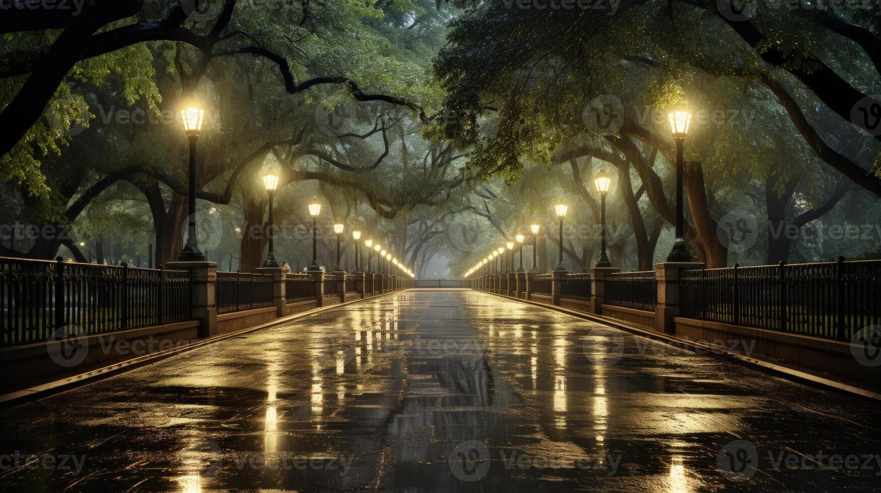 A misty, rain-soaked street lined with trees and illuminated by glowing lampposts, leading to a distant horizon. photo