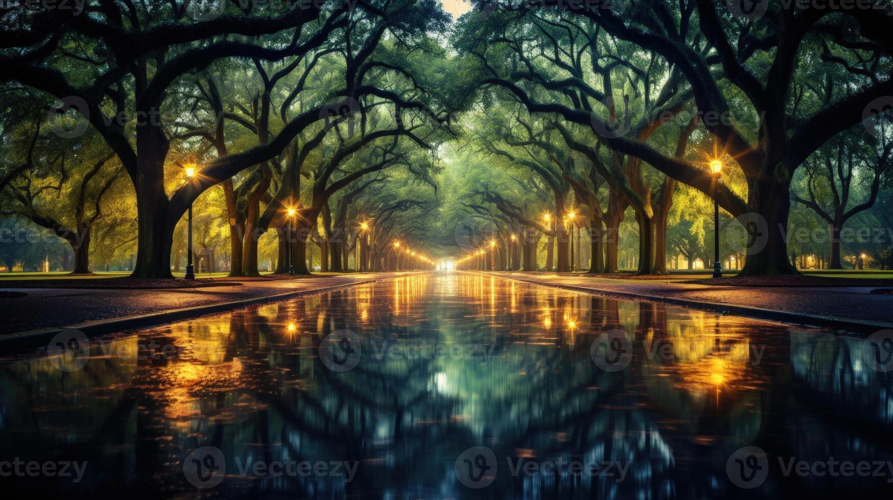 A misty, tree-lined path with streetlights reflecting in a puddle. photo
