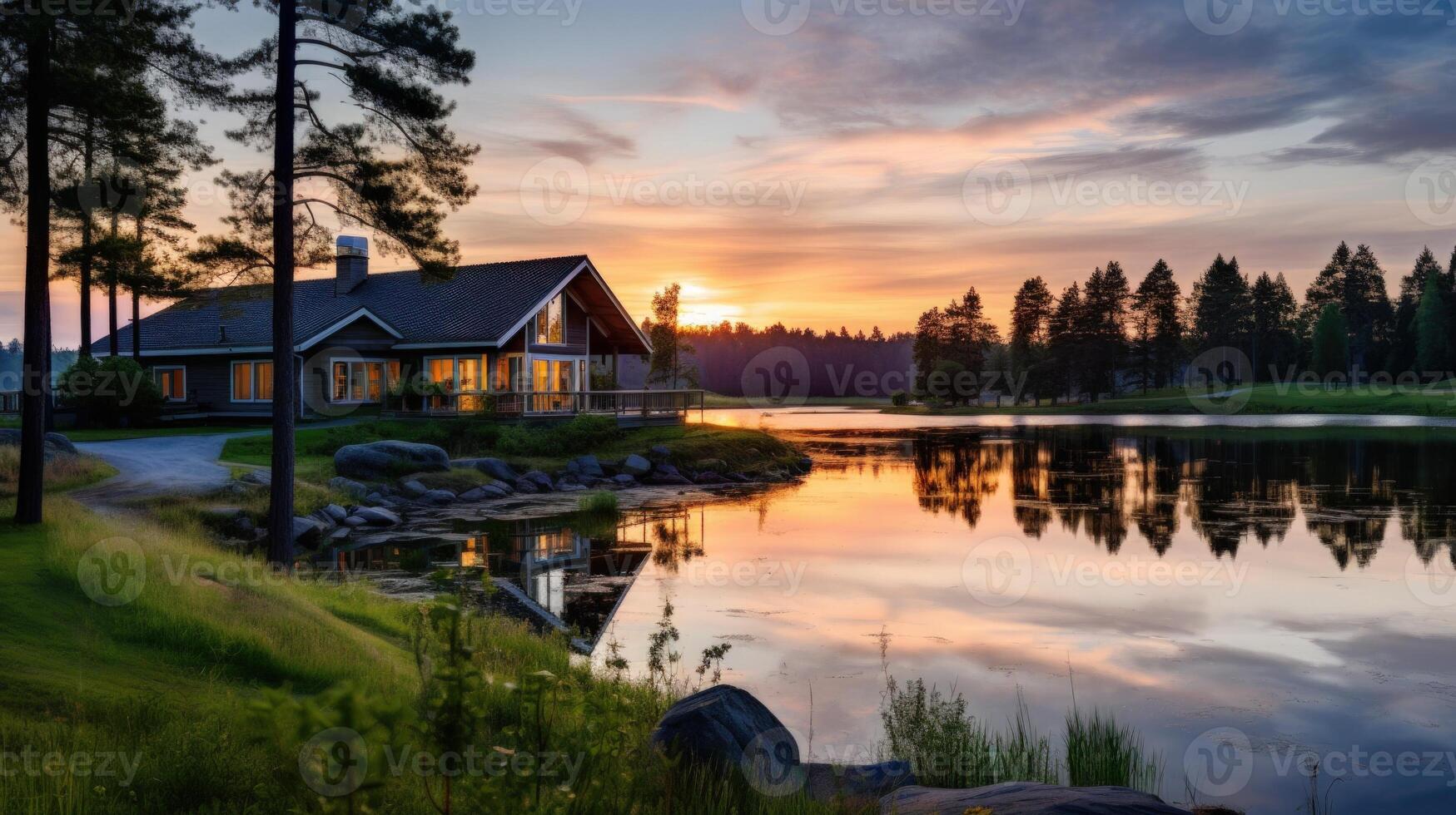 A modern lake house with a wooden deck and a stunning sunset reflected in the water. photo