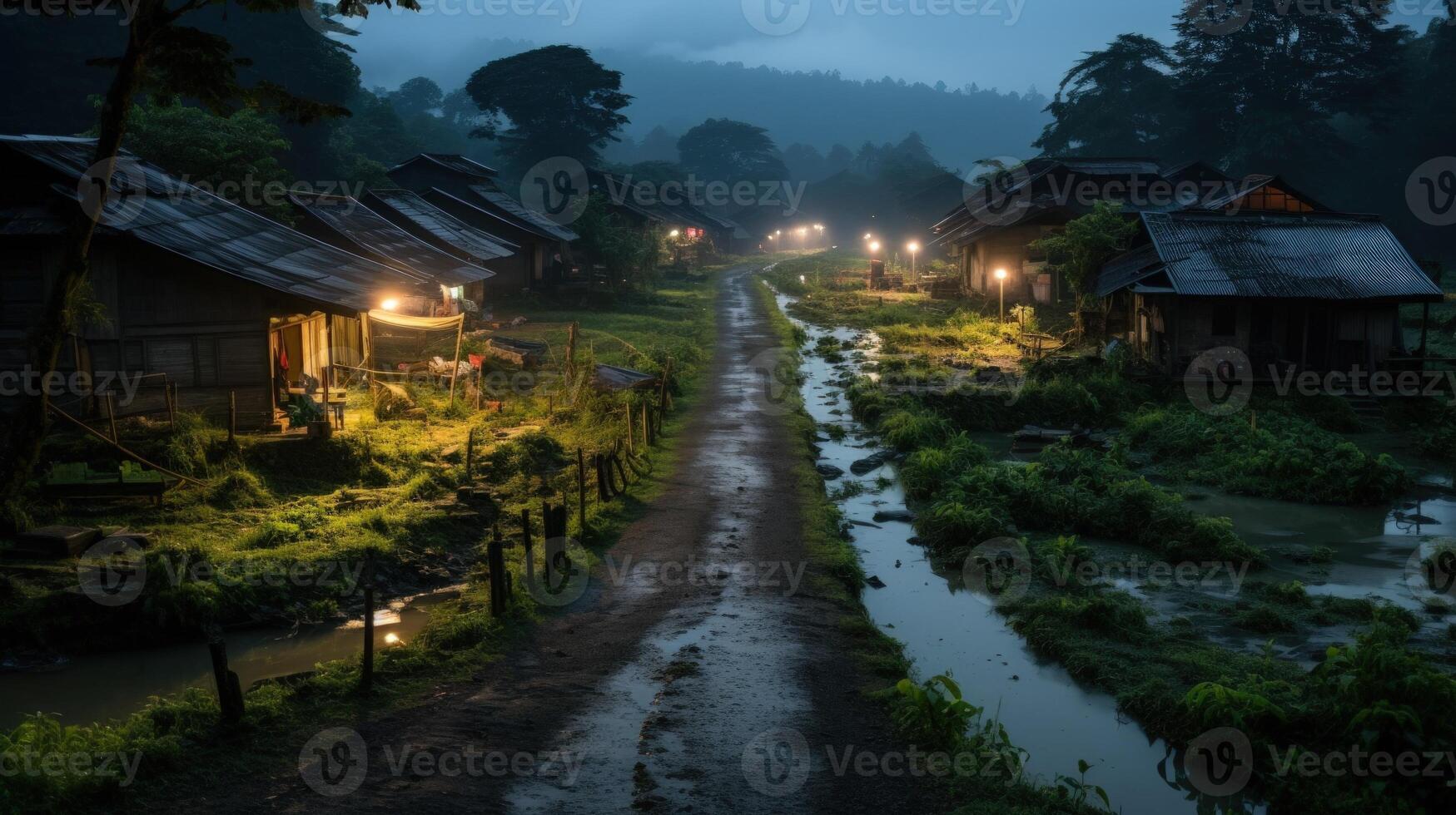A muddy path lined with rustic houses, lit by warm streetlights, winds through a lush green landscape with a small stream. photo