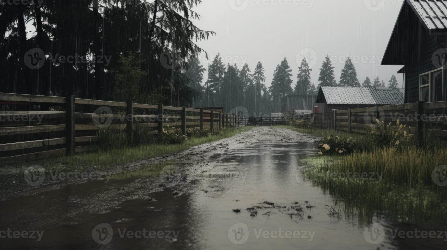 A muddy path in the rain with a wooden fence and houses in the background. photo