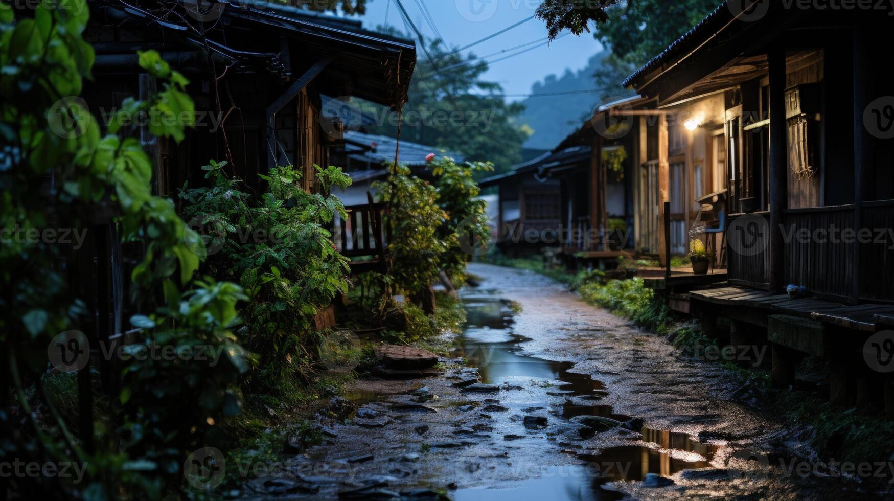 A narrow, muddy path winds its way between traditional Japanese wooden houses, illuminated by a single light, leading towards a distant hillside, after a light rain. photo