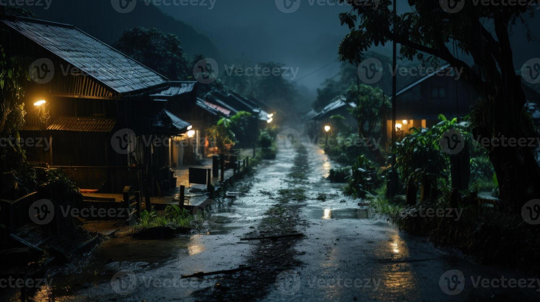 A narrow, wet street lined with rustic houses in a rainforest village. The street is illuminated by the soft glow of lanterns, and the air is filled with the sound of falling rain. photo