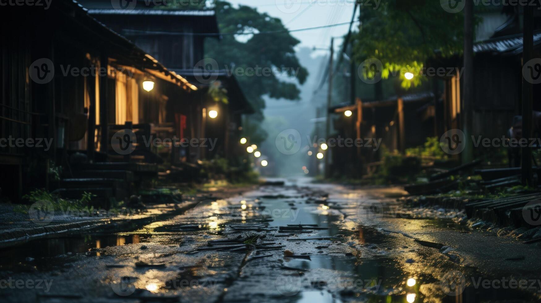 A narrow, wet, and dimly lit street with wooden buildings on both sides lined with yellow lights. photo