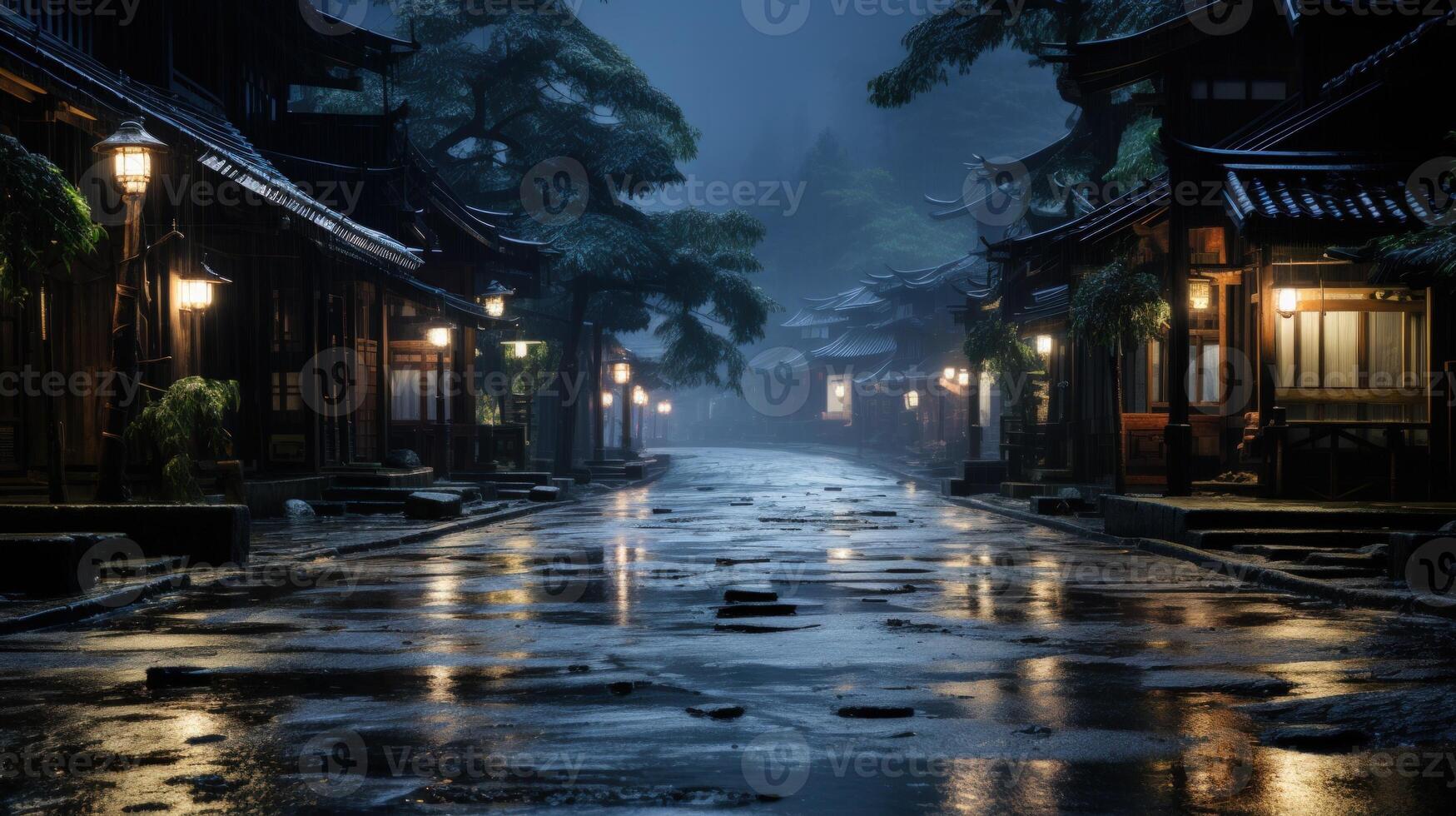 A narrow, wet street lined with traditional Asian buildings, lit by warm lanterns under a dark, foggy sky. photo