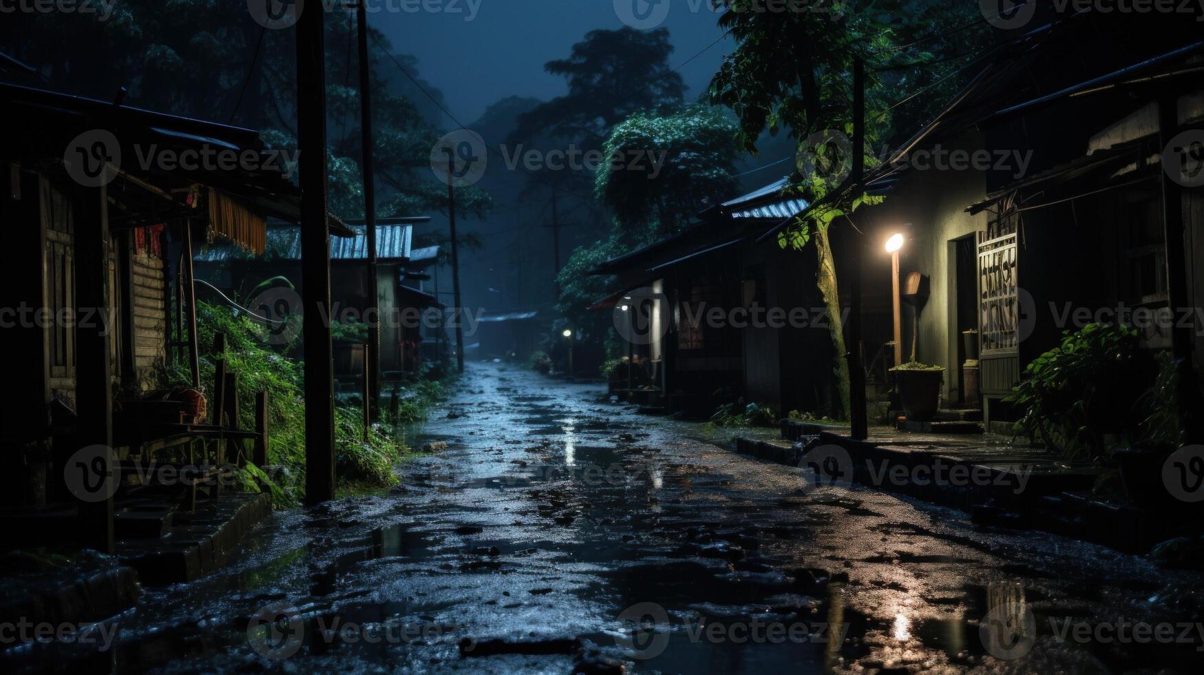 A narrow, wet, and dark street at night in a village with traditional houses on both sides and lit by street lights. photo