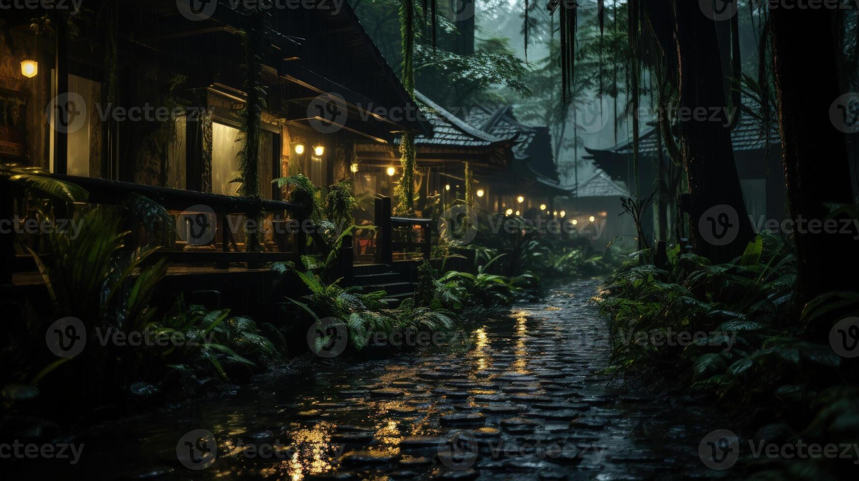 A pathway through a dark forest, lit by lanterns, leading to small cottages. photo