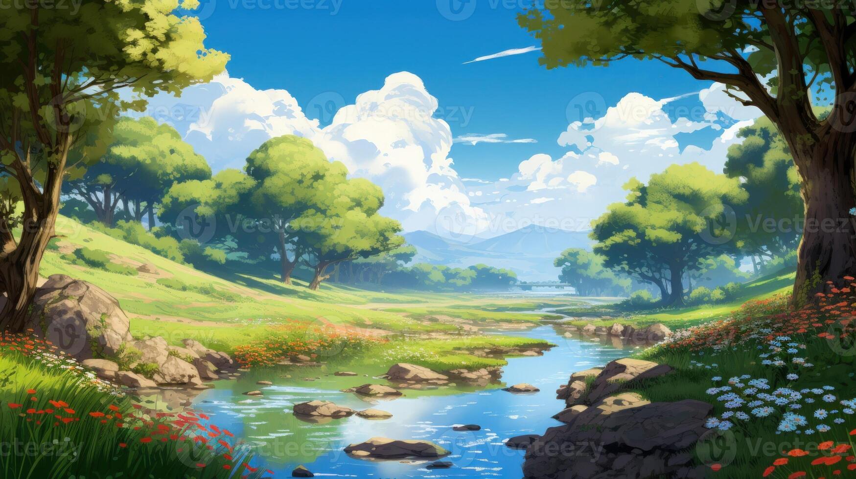 A picturesque scene of a calm river winding through a lush green valley under a blue sky with fluffy white clouds, with green trees lining the riverbank and a mountain range in the distance. photo