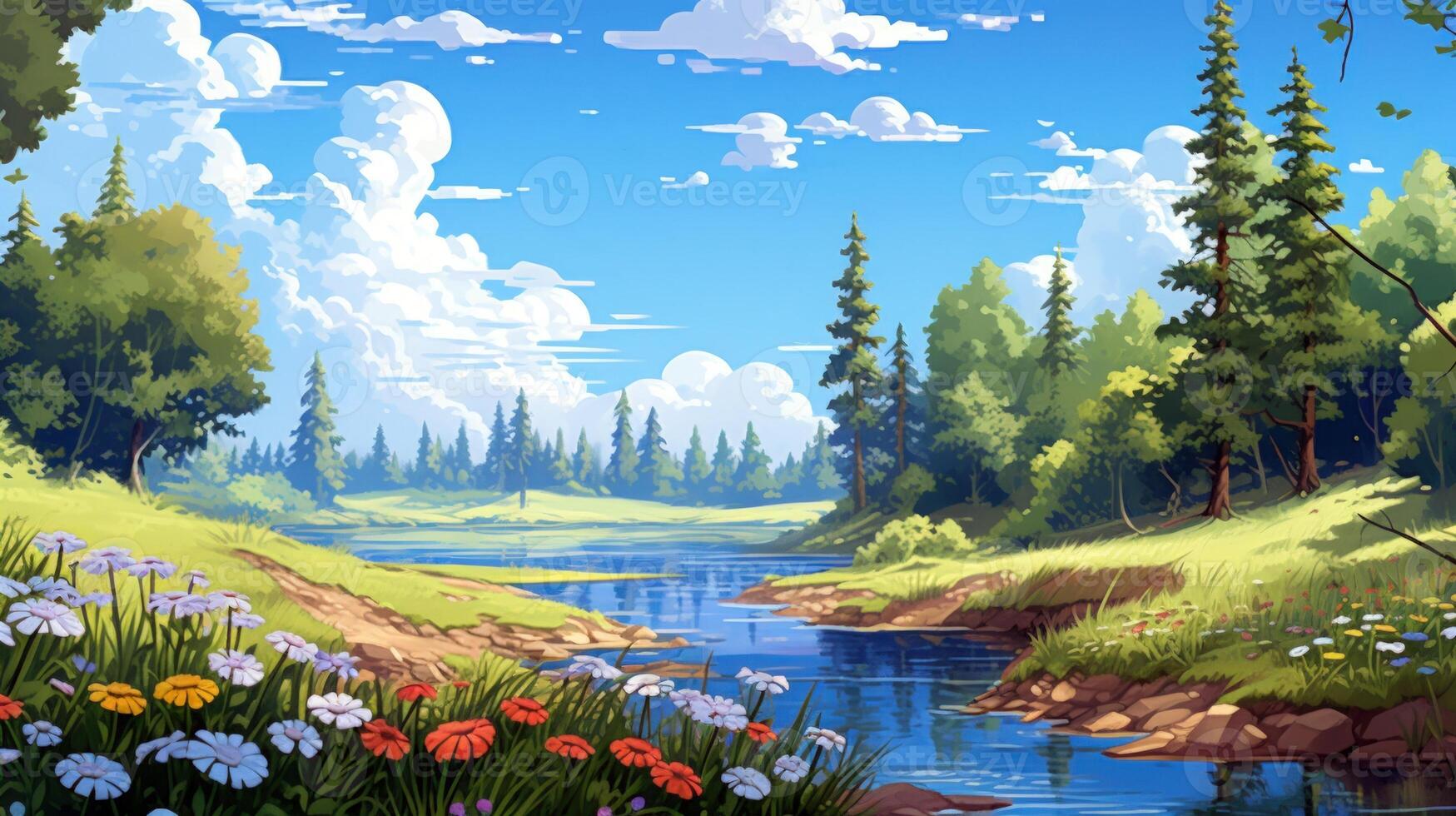 A picturesque landscape with a river flowing through a lush green forest. Blue sky, fluffy clouds, and colorful wildflowers add to the beauty. photo
