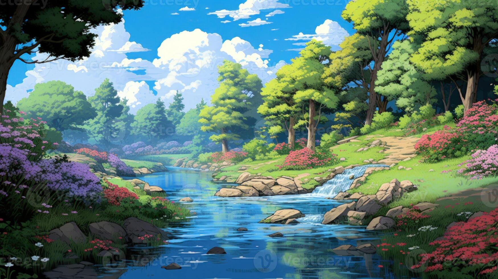 A picturesque scene of a tranquil river flowing through a lush forest, with a small waterfall and vibrant wildflowers. photo