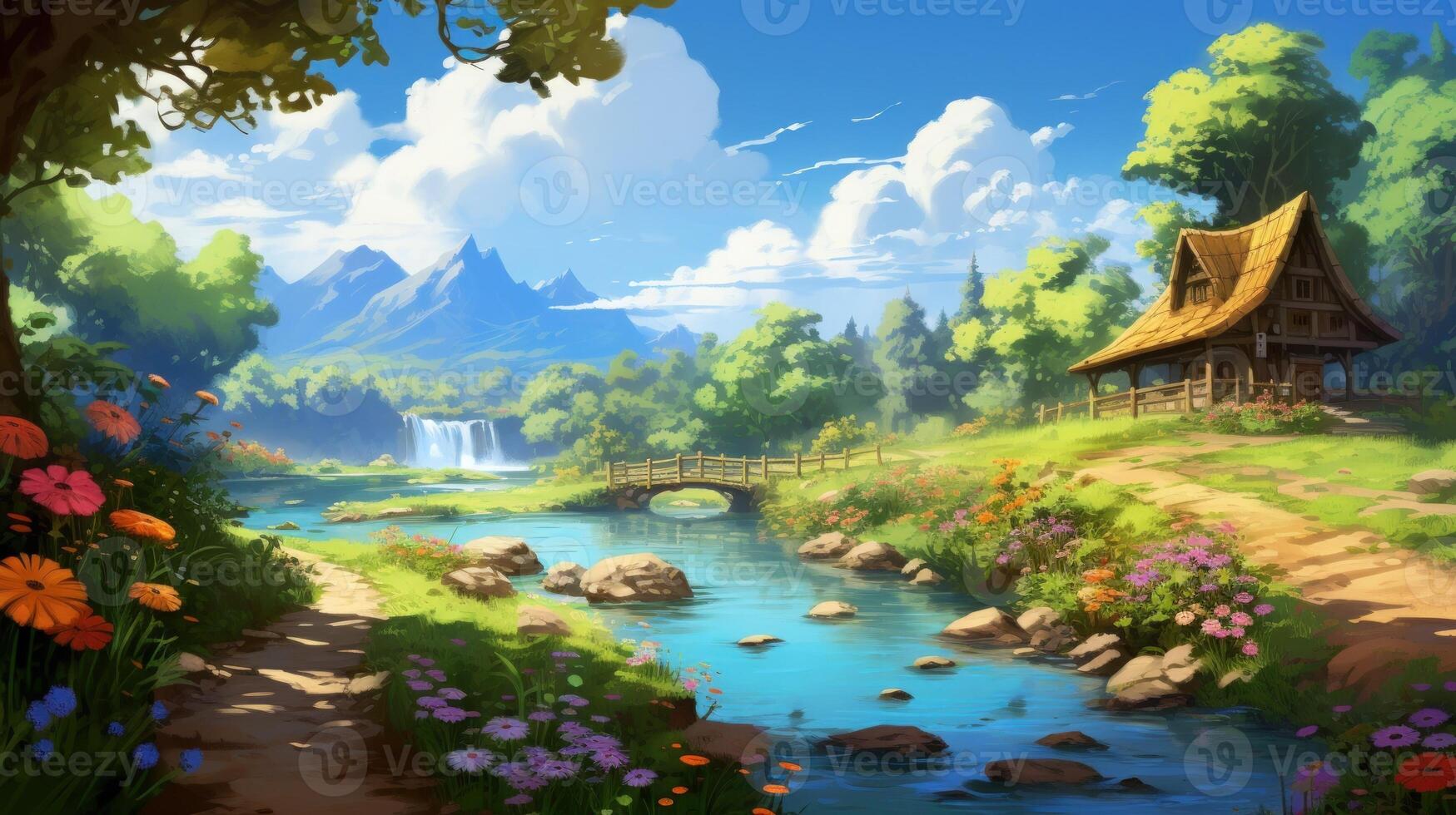 A picturesque scene with a wooden bridge over a flowing stream, a waterfall in the distance, a quaint cottage, and lush green trees and flowers. photo