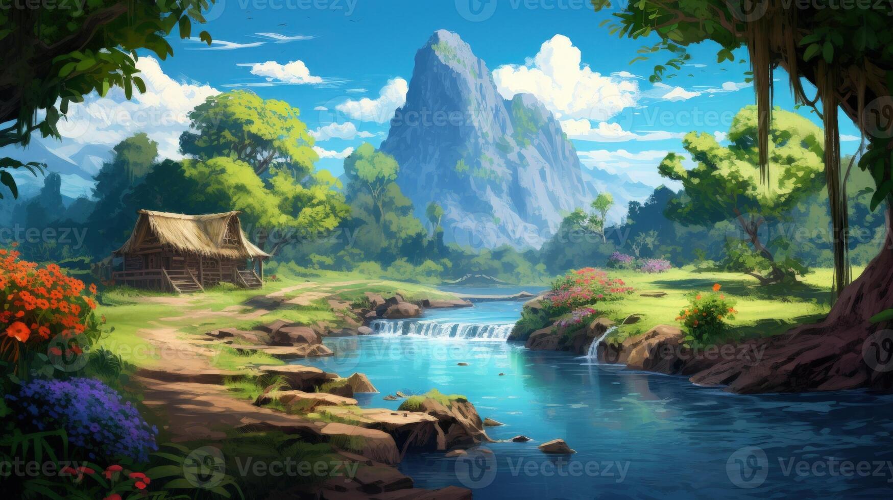 A picturesque view of a tranquil river winding through a lush green forest with a charming cabin nestled on the bank and a towering mountain in the background. photo