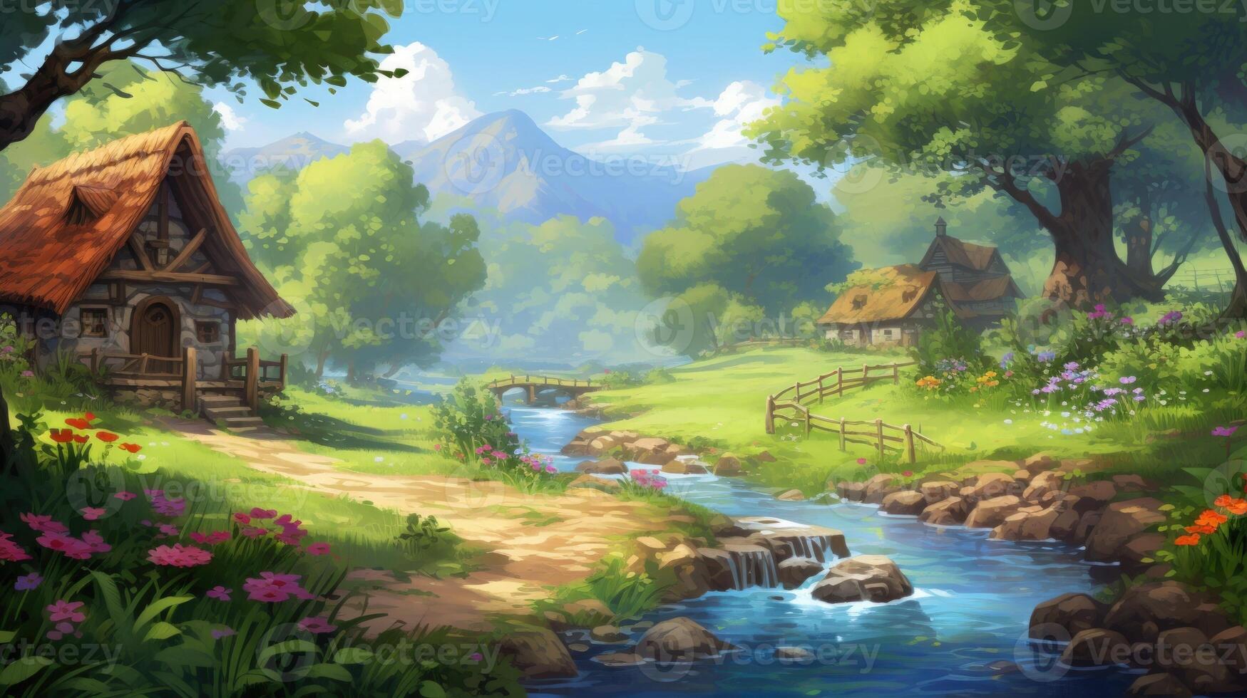 A quaint cottage nestled in a lush green valley, with a babbling brook winding through the landscape, surrounded by blooming wildflowers. photo