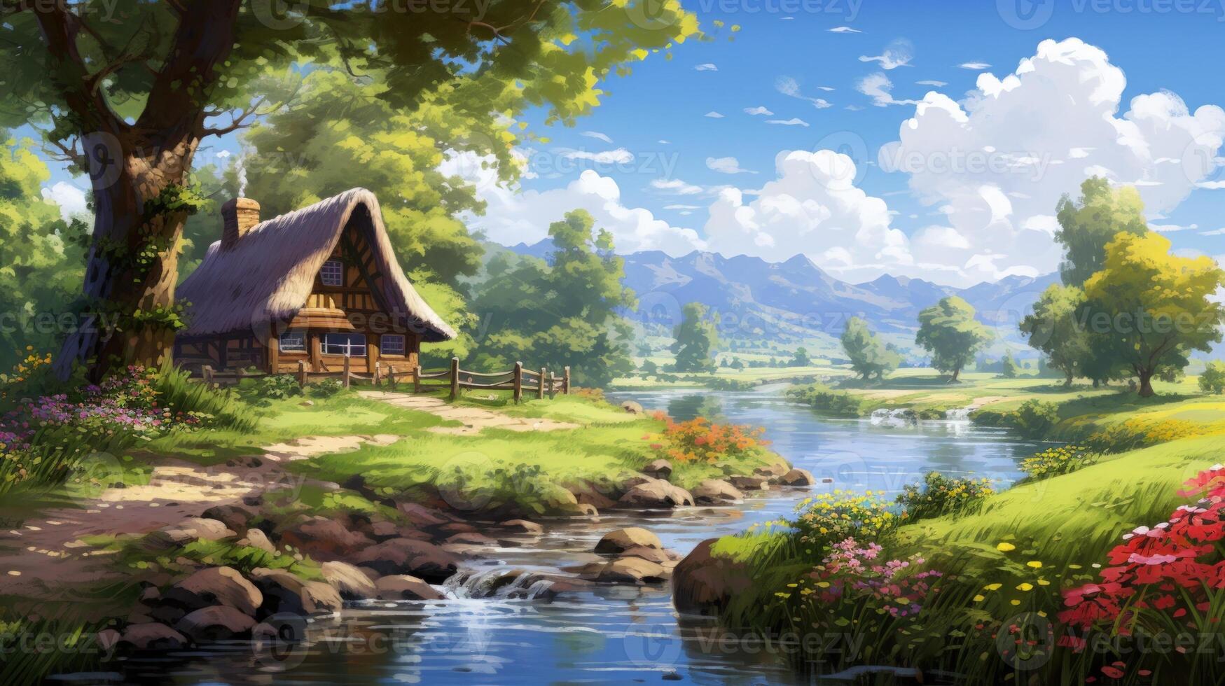 A quaint cottage nestled in a verdant valley, beside a winding river and mountains in the distance, with a lush green meadow and colorful flowers. photo