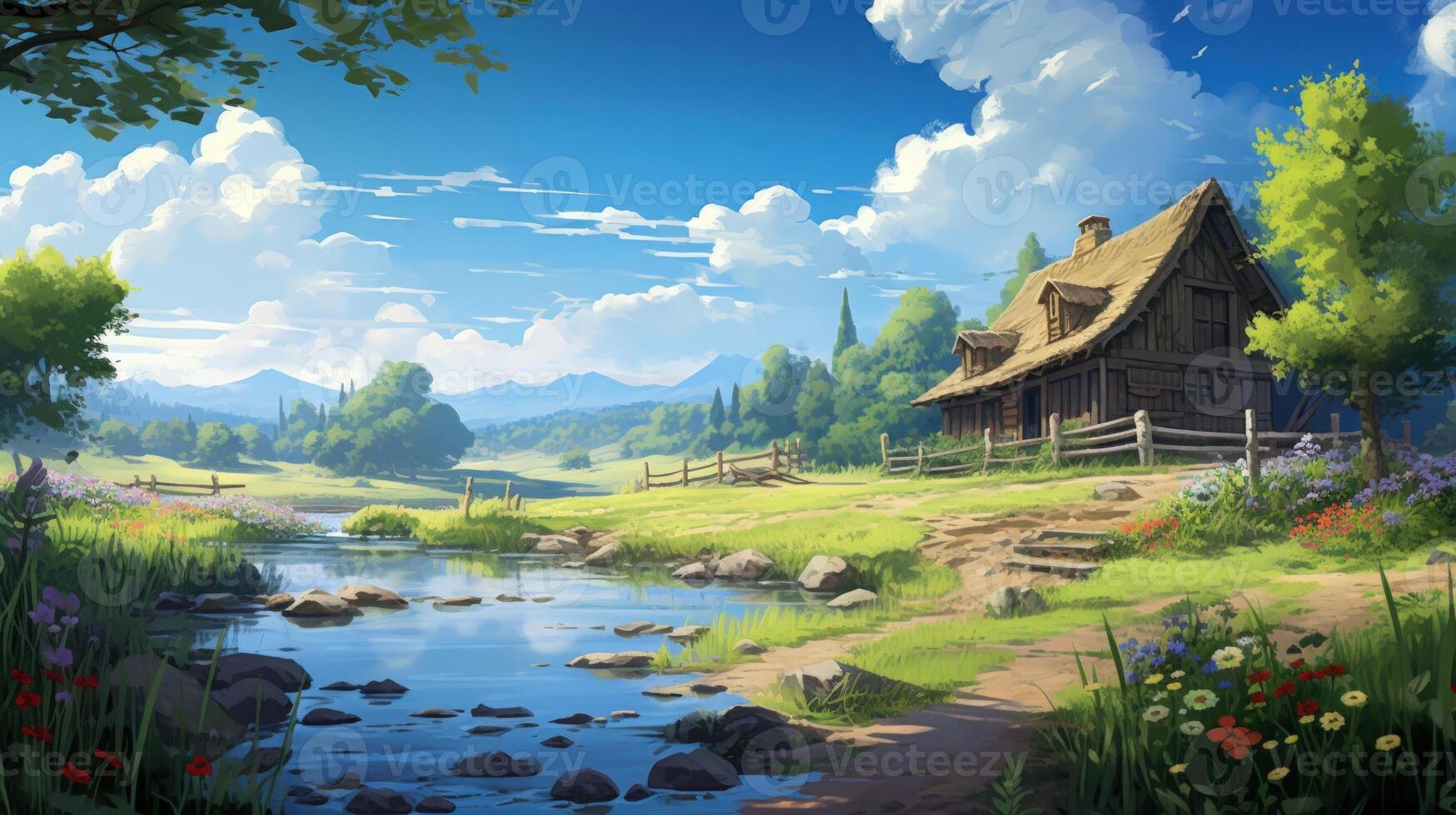 A quaint cottage with a thatched roof sits on a grassy hillside next to a winding stream. The surrounding landscape is lush and green, with a forest in the background and mountains in the distance. The sky is blue and cloudy, suggesting a pleasant summer photo