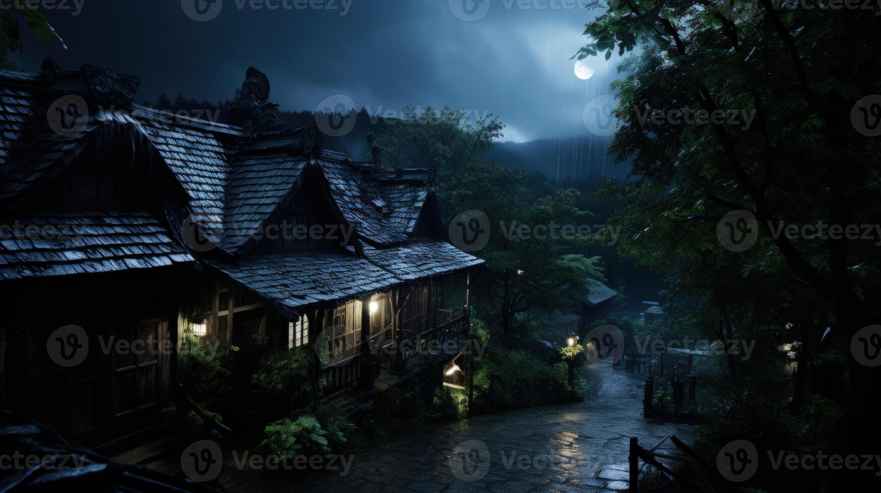 A quaint wooden house sits nestled in a lush forest, illuminated by a bright moon shining through the rain. photo