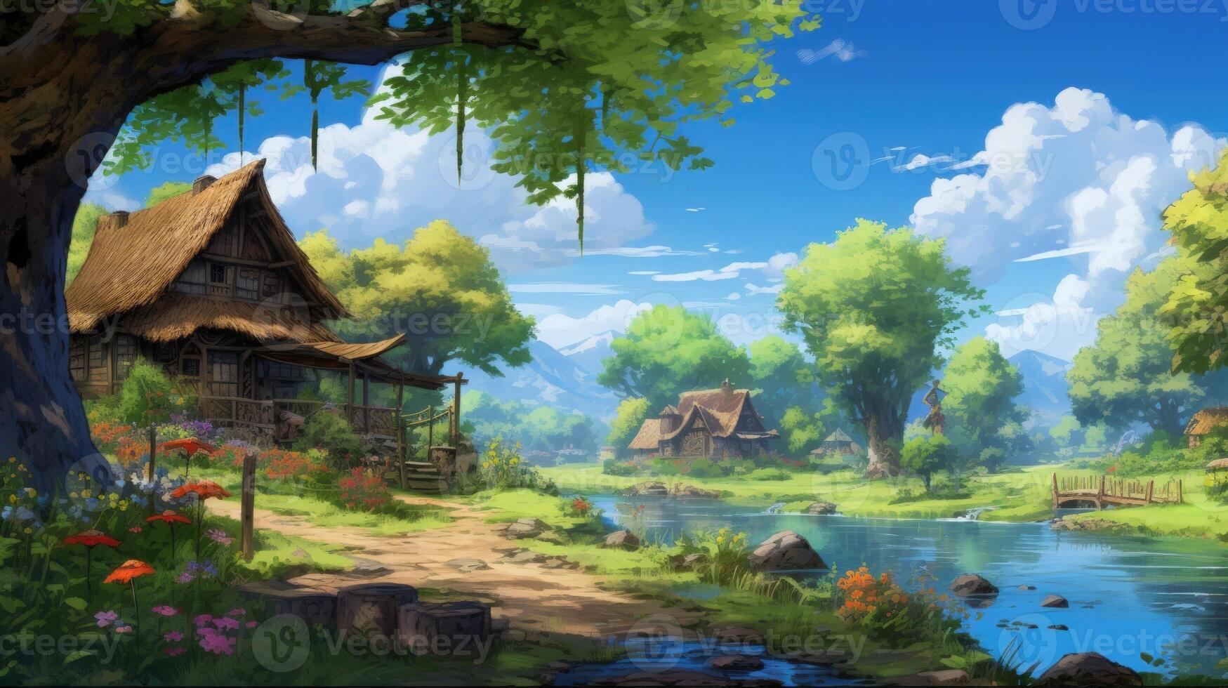 A quaint wooden cabin with thatched roof sits on a path leading to a river surrounded by lush greenery and a wooden bridge. photo