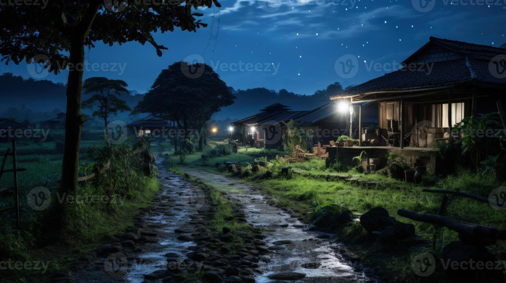 A quiet night in the countryside with a beautiful starry sky and small houses, lit by the soft glow of lanterns. The path winds through the lush grass and trees. photo