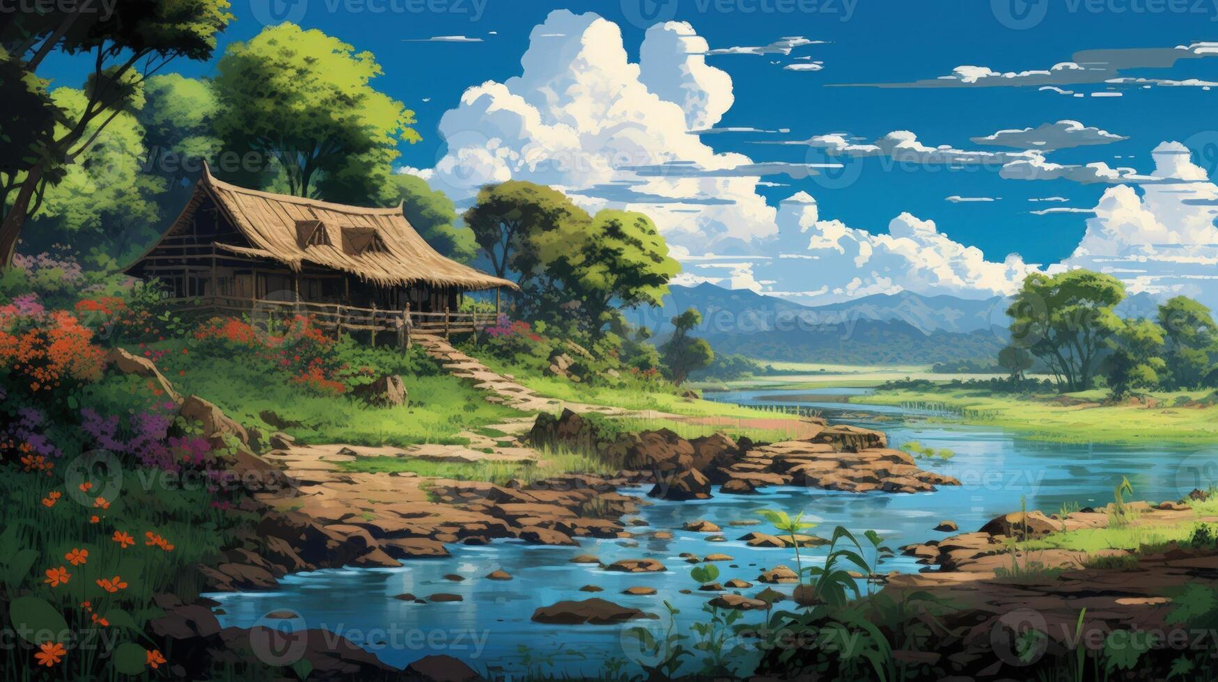 A quaint wooden hut sits on a lush hillside overlooking a tranquil river with blue water and green banks, nestled in a valley under a bright blue sky and fluffy white clouds. photo