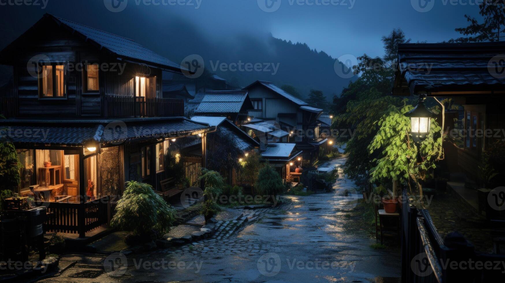 A quiet street in a mountain village at night with fog and cobblestone street. photo